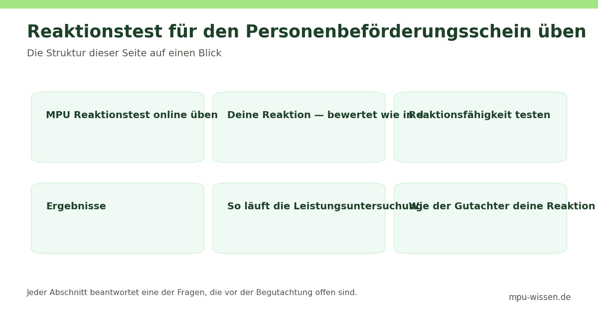 Reaktionstest für den Personenbeförderungsschein üben – Die Struktur dieser Seite auf einen Blick